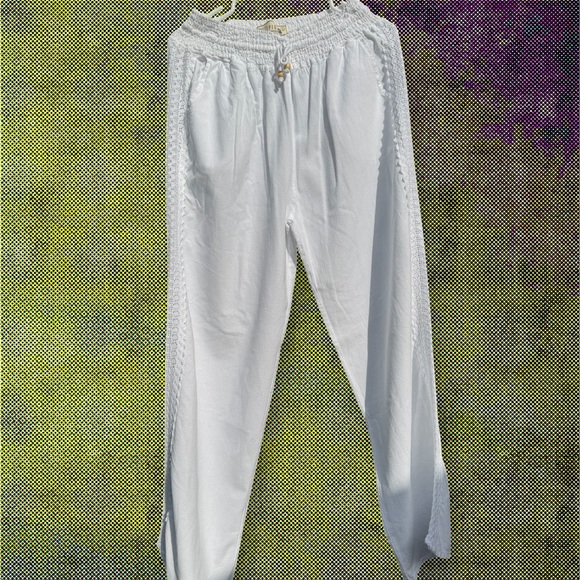 Seaspice 100% Peruvian Cotton White Crochet Drawstring Pants Resort Wear Size L - Picture 2 of 7